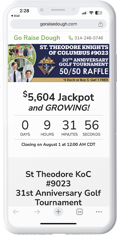 phone showing 50/50 raffle online tracker