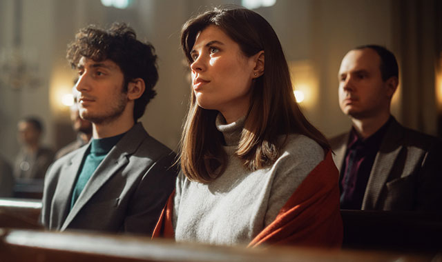 two men and a woman sitting in pews at church
